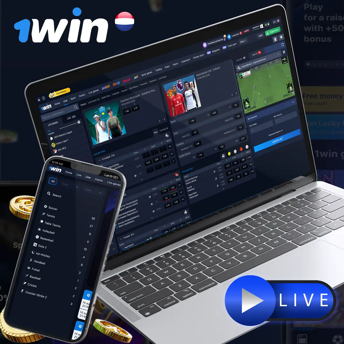 Live betting scherm bij 1win